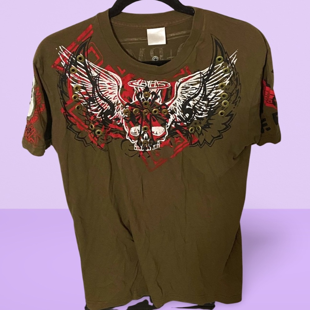 Vintage Y2K Button Patches Winged Skull Graphic T-Shirt